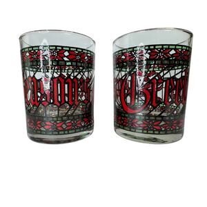 Signed Houze Seasons Greetings Window Pane Rocks Glass Set of 2